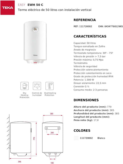 TEKA Termo elétrico 50 l, instalação vertical, proteção contra sobreaquecimento, indicador LED, modelo EWH 50 C