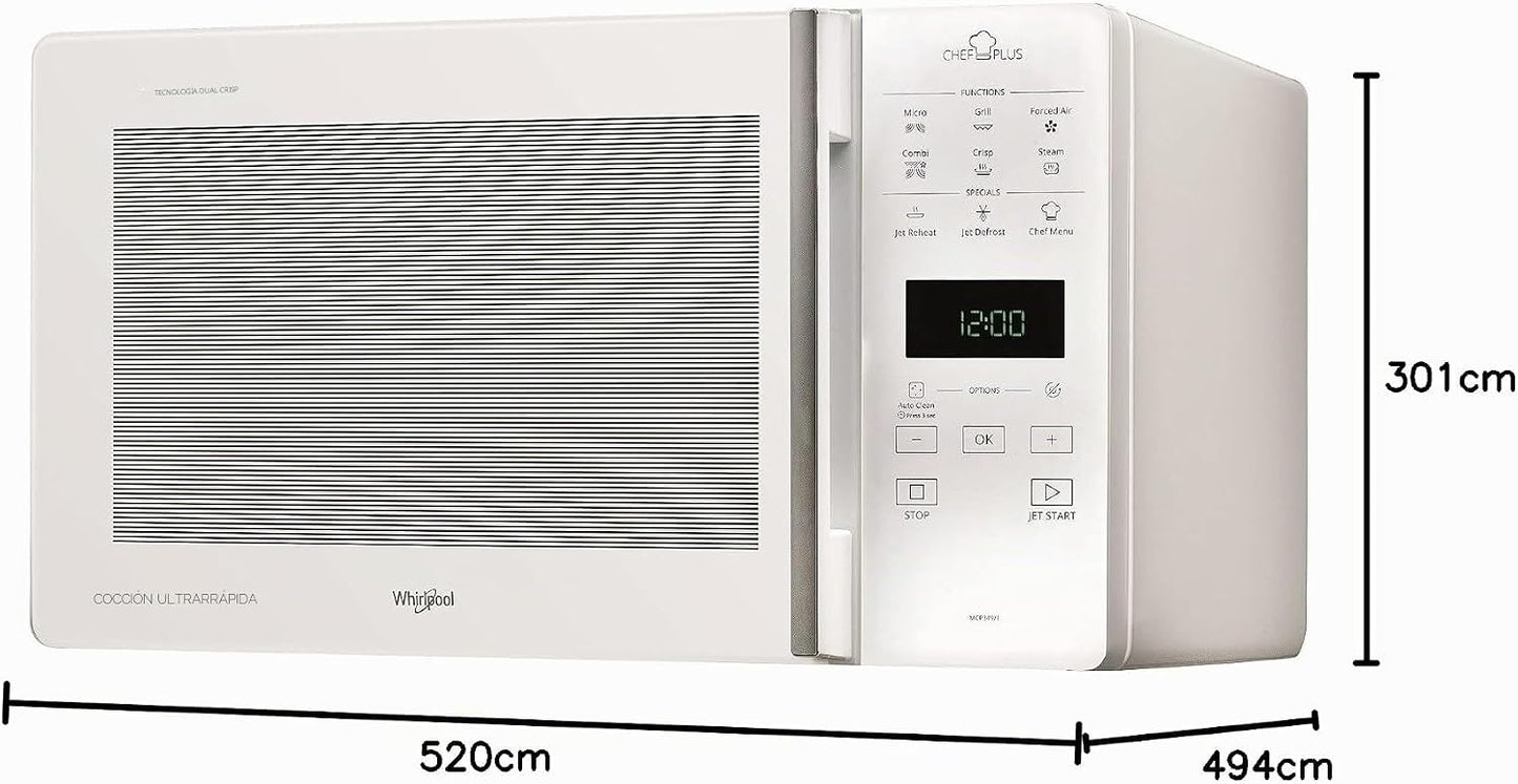 Whirlpool MCP 349/1, WH Forno microondas, instalação gratuita, CHEF PLUS, 25 L de cave, MW-Combi, Touch Control Sensor, potência MWO 800 W, potência de brilho 900 W, cor branca
