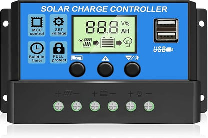 Controlador de carregamento solar PWM de 30A [Atualizado], regulador de placa solar de 12V/24V com ecrã LCD ajustável, porta USB dupla, configuração do temporizador, parâmetro automático