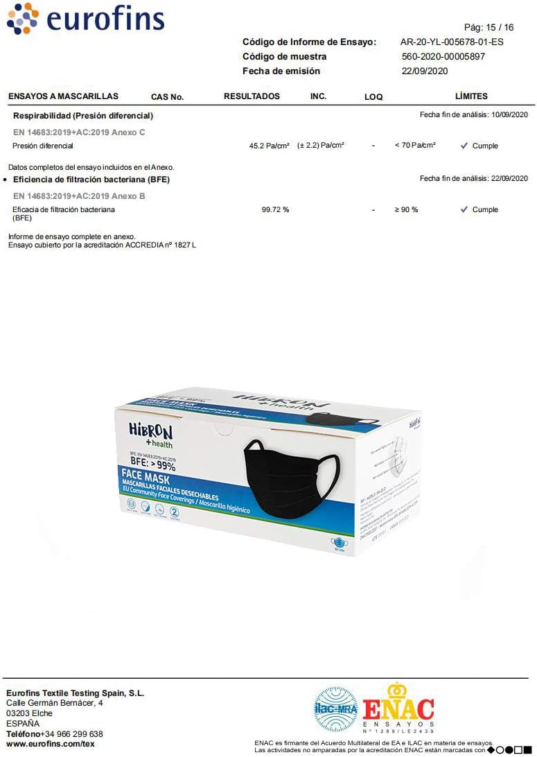 HIBRON 100 Máscaras Pretas Higiénicas Descartáveis Homologadas CWA 17553: 2020, BFE > 99%.