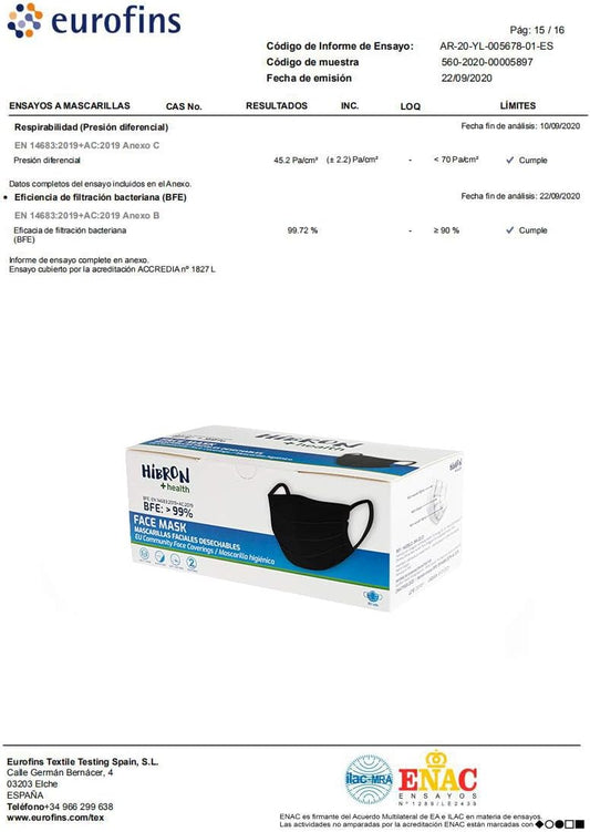 HIBRON 100 Máscaras Pretas Higiénicas Descartáveis Homologadas CWA 17553: 2020, BFE > 99%.