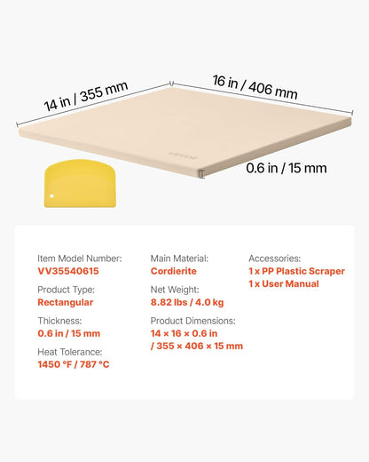 VEVOR Pedra para assar pizza 406 x 355 mm, retangular de cordierite, placa grande com raspador, 1,5 cm de espessura,