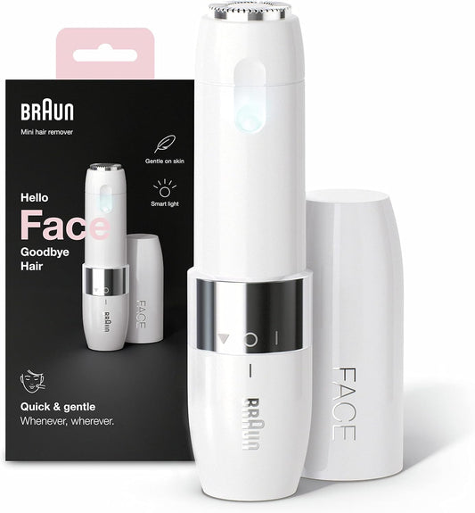 Braun Mini depiladora facial FS1000 para mulher, com luz Smartlight integrada, depiladora facial com precisão, lábio superior, queixo e bochechas, branco | Com luz Smartlight integrada, raspador de precisão