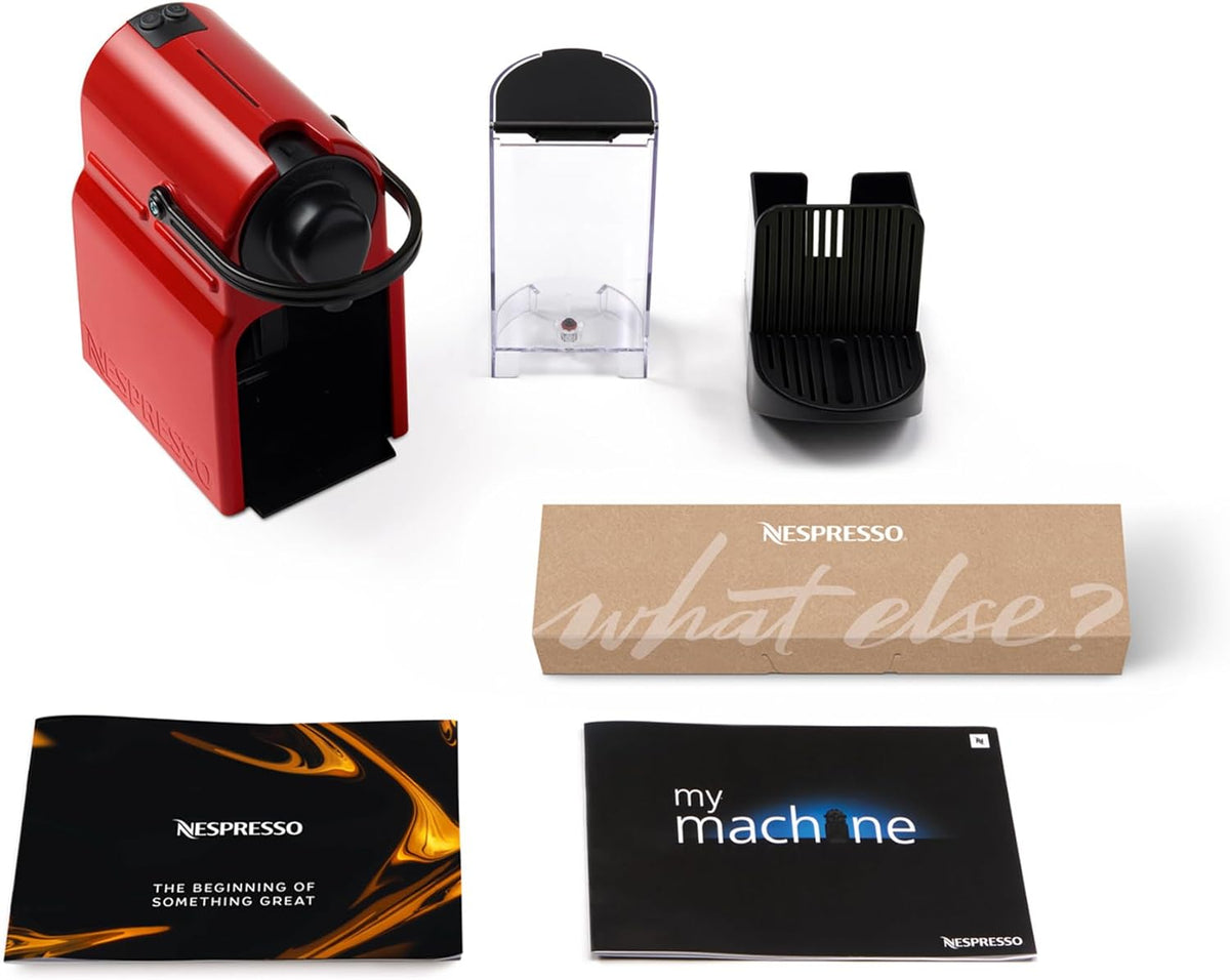 Krups Nespresso Inissia XN1005 - Máquina de café monodose de cápsulas Nespresso, 19 bares, desligamento automático, capacidade de 0,7L, design compacto, modo eco, cor vermelho, inclui kit de