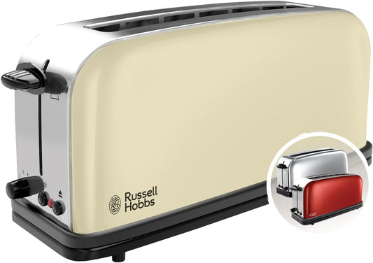 Russell Hobbs Torradeira Colours Plus - 1 Ranhura Longa e Larga para 2 Fatias, Bandeja Coletora de Migalhas, Aquecimento, Função Cancelar e Descongelar, Aço Inoxidável, Creme - 21395-56