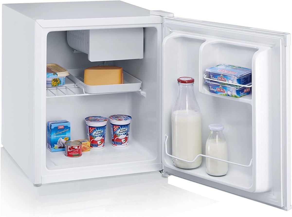 SEVERIN Mini frigorífico com compartimento de baixa temperatura, frigorífico pequeno com faixa de temperatura 8-0 °C, mini frigorífico de baixo consumo, 40 dB (A), 45 litros, branco, KB 8884 [Classe energética E]
