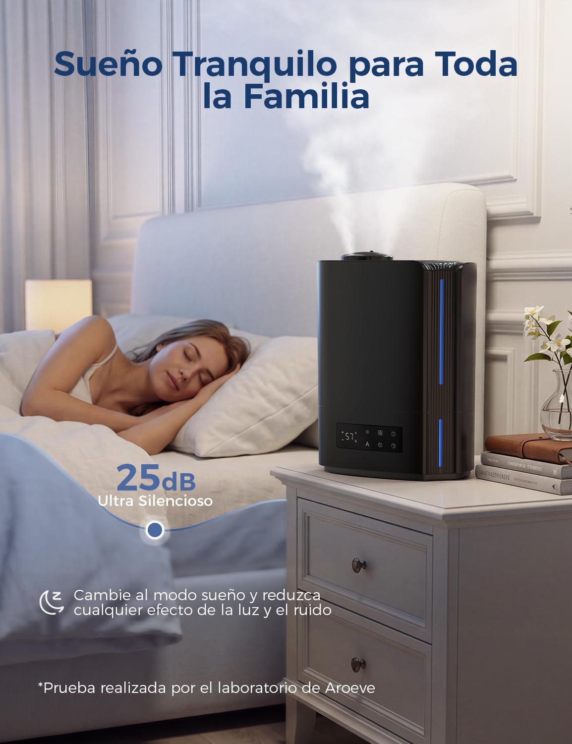 AROEVE Humidificador de ar 6 l para quartos, difusor de óleos essenciais, humidificador ultra-sónico para bebés e plantas, duração de até 60 horas, controlo de humidade inteligente, silencioso