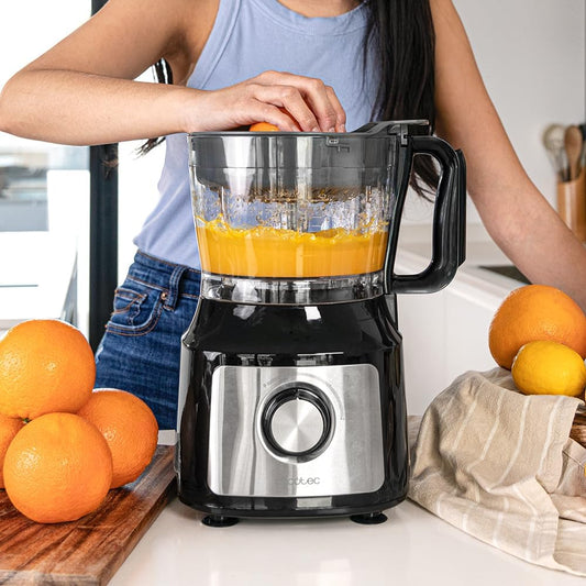 Cecotec Processador de Alimentos FoodProcessor Comino 1000 Max. 1000W, 2 Velocidades, Tigela 2L, Exprimidor de Sucos, 3 Discos de Corte: para Picar, Fatiar e Amassar, Disco para Cremes, Aço Inoxidável