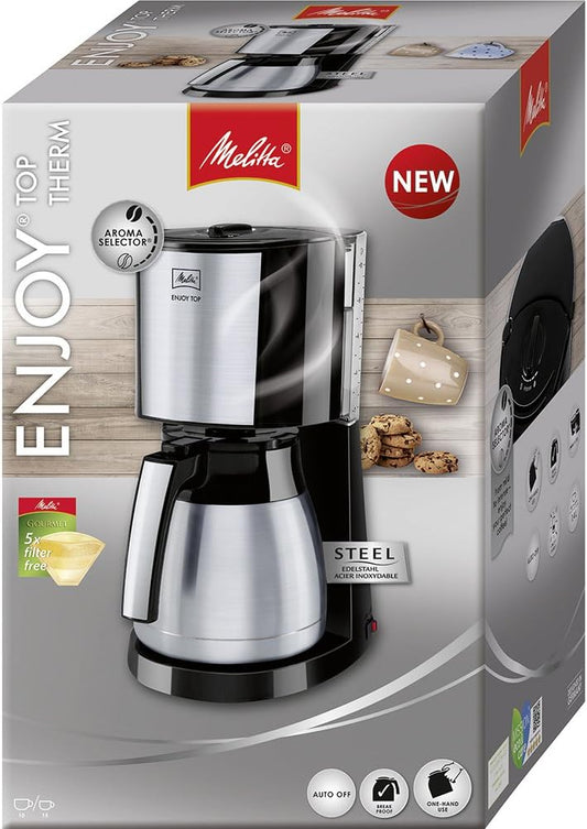 Melitta Enjoy Top Therm, 1017-08 - Cafeteira de gotejamento com jarra térmica e tampa Easy Click, cafeteira de filtro com porta-filtro giratório, máquina de café para até 10 chávenas, 1,25 L, preto