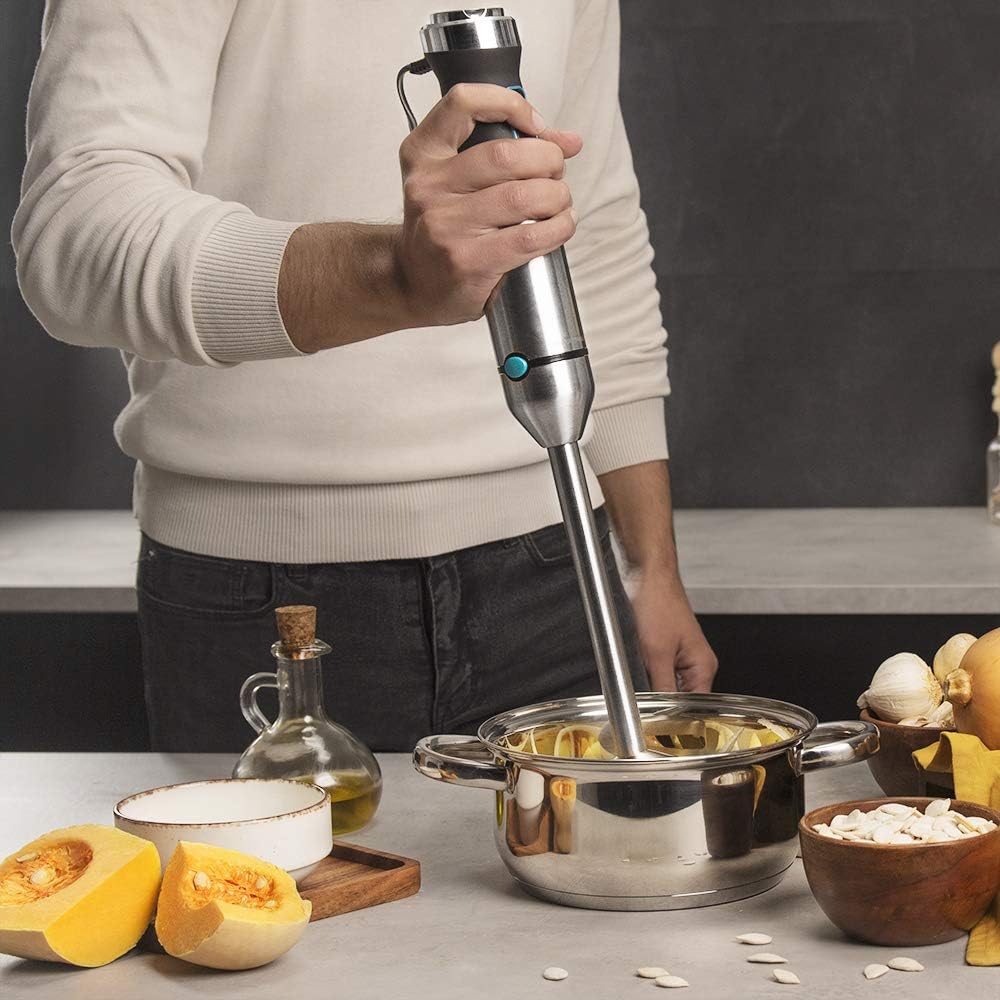 Cecotec Liquidificadora de mão Power TitanBlack 1500 XL Cream&Crush. Potência de 1500 W, lâmina de 4 folhas com revestimento de titânio, pé XL, sino anti-salpicos, velocidade ajustável, função turbo