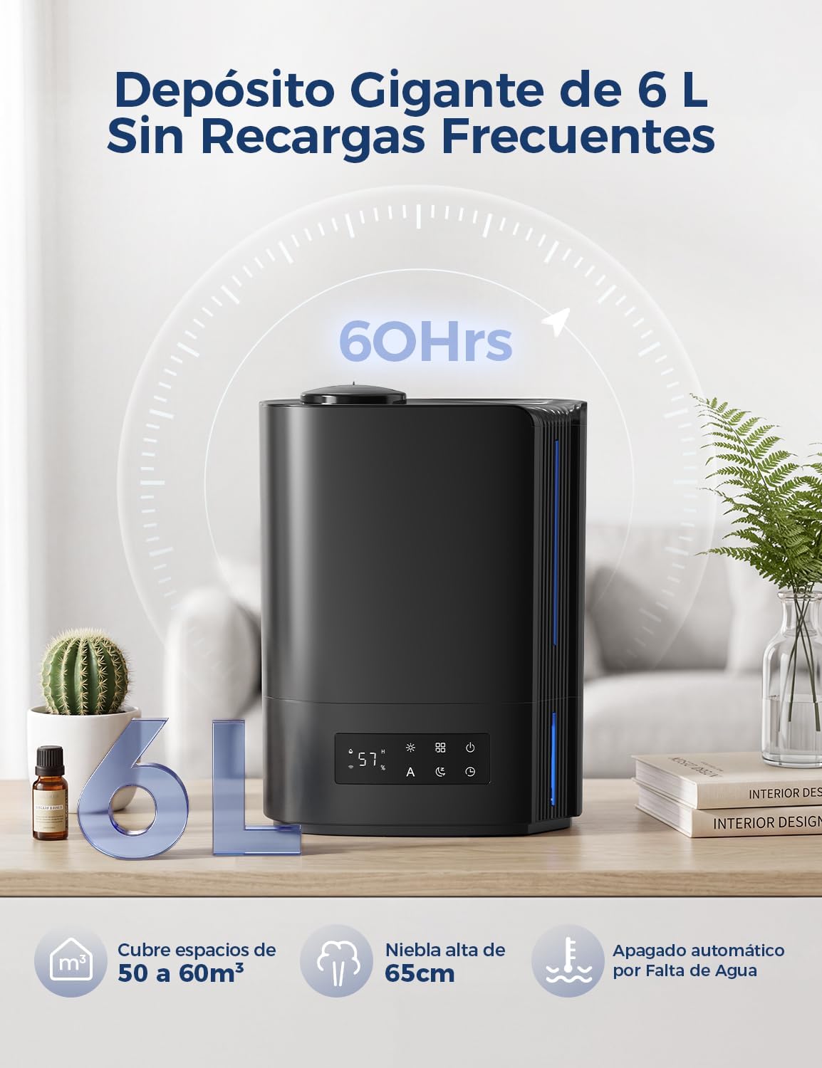 AROEVE Humidificador de ar 6 l para quartos, difusor de óleos essenciais, humidificador ultra-sónico para bebés e plantas, duração de até 60 horas, controlo de humidade inteligente, silencioso