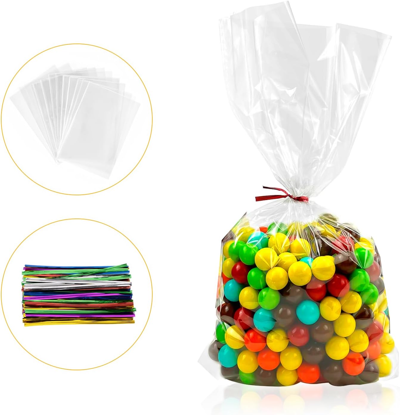 200 sacos de celofane, 25 x 15 cm, sacos transparentes para encher, sacos transparentes com 200 fitas metálicas para doces, biscoitos, pão, frutas, etc. Perfeito para festas de presente