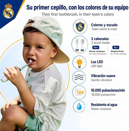 Real Madrid Escova de dentes elétrica infantil sónico | RM Toothbrush | Limpeza suave com temporizador inteligente, 2 cabeças de substituição incluídas, funciona em pilhas, sem fios, + 4 meses