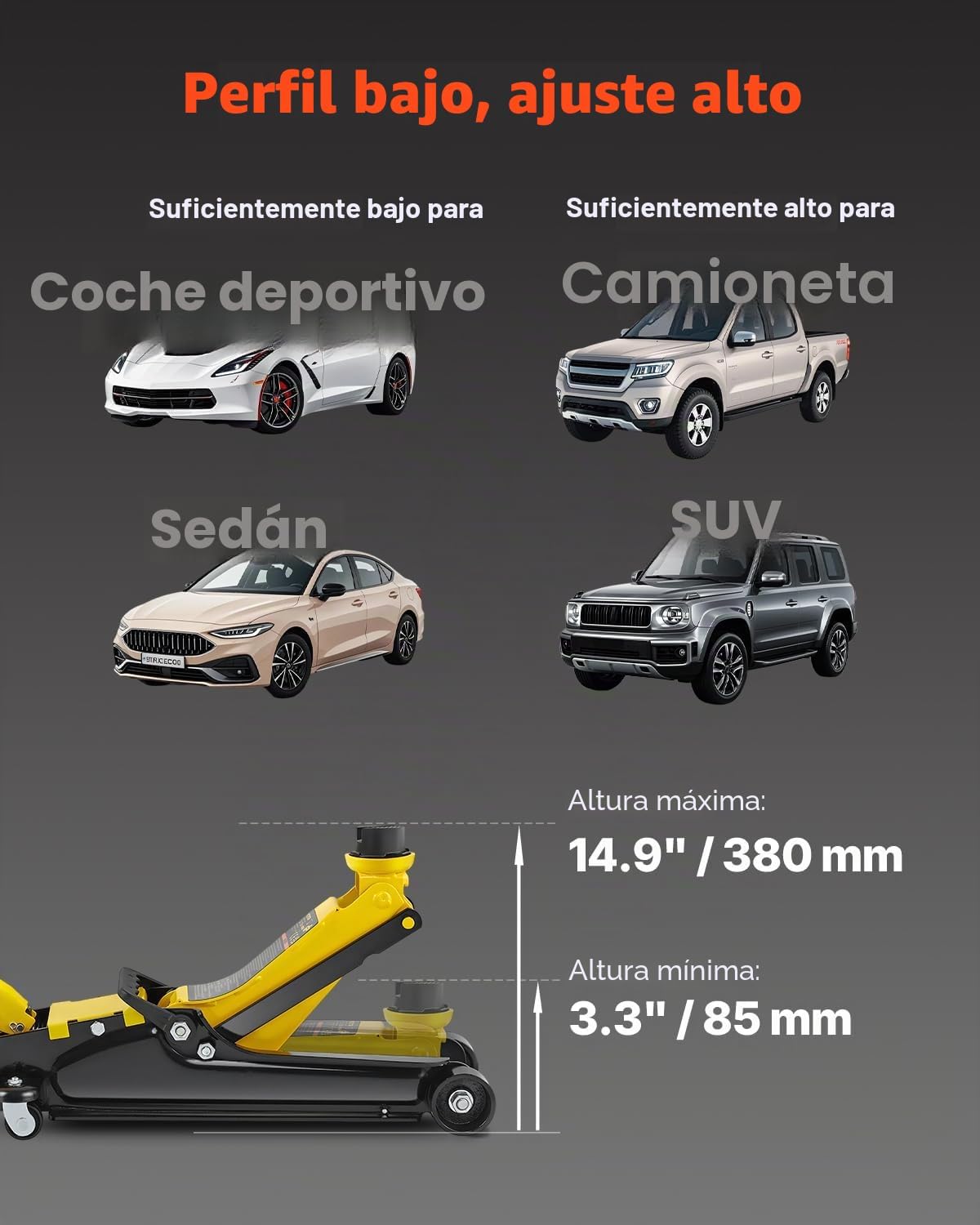 VEVOR Gato de baixo perfil de aço carga máxima de 2,5 T gato hidráulico para carro faixa de elevação 85 - 380 mm