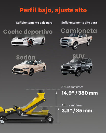 VEVOR Gato de baixo perfil de aço carga máxima de 2,5 T gato hidráulico para carro faixa de elevação 85 - 380 mm