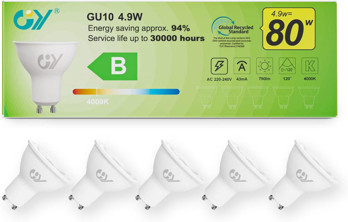 GY 4,9W Lâmpada GU10 LED 4000K Branco Neutro 790LM (Equivalente a 80W), Não Regulável, Ângulo de Feixe de 110 Graus - Lâmpada de Baixo Consumo Classe B, Lâmpadas LED GU10 Sem Piscadas, Pacote de 5