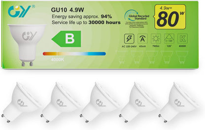 GY 4,9W Lâmpada GU10 LED 4000K Branco Neutro 790LM (Equivalente a 80W), Não Regulável, Ângulo de Feixe de 110 Graus - Lâmpada de Baixo Consumo Classe B, Lâmpadas LED GU10 Sem Piscadas, Pacote de 5