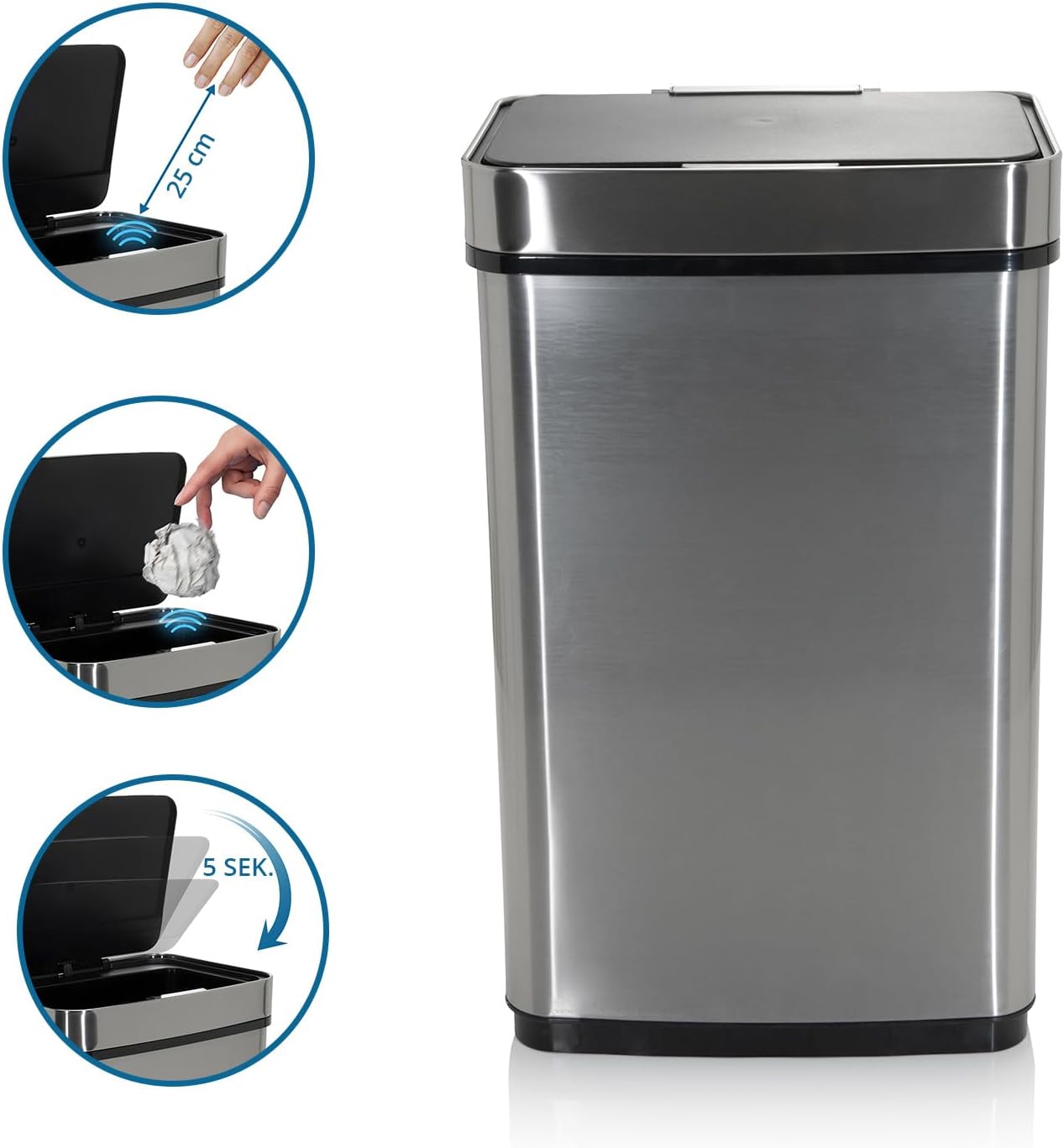 hjh OFFICE 830045 Caixote do lixo com sensor CLEAN IV 60 L, Aço Inoxidável, Papeleira automática, indicador LED, retangular, Prata