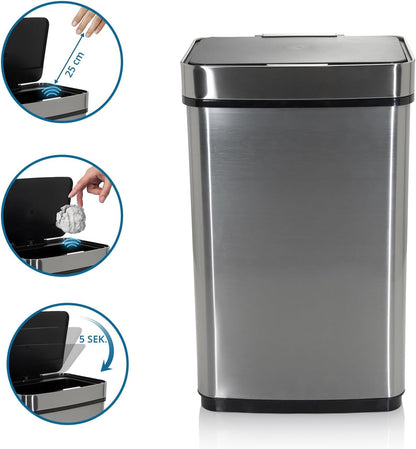 hjh OFFICE 830045 Caixote do lixo com sensor CLEAN IV 60 L, Aço Inoxidável, Papeleira automática, indicador LED, retangular, Prata