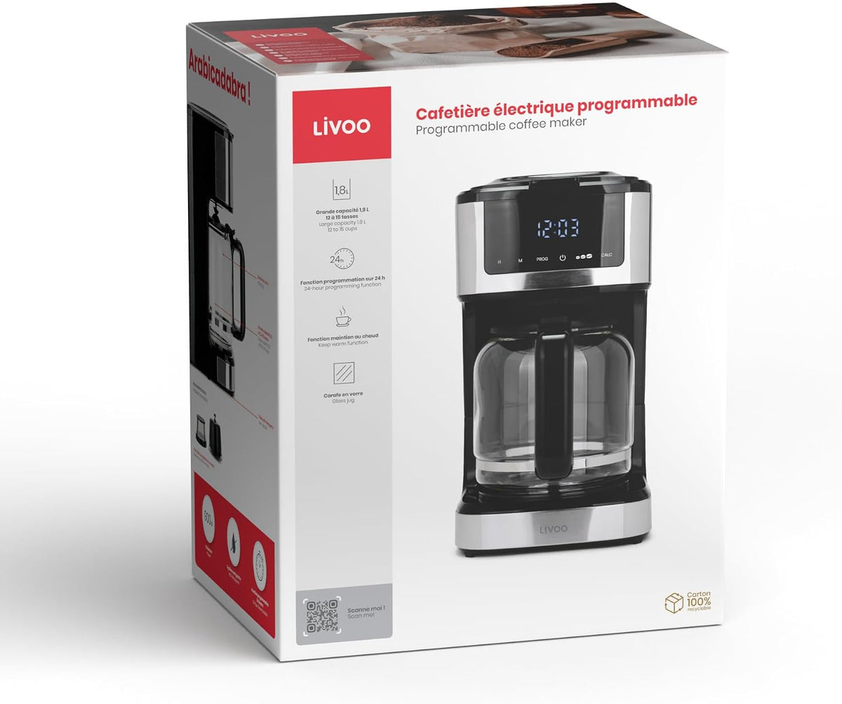 Livoo - Cafeteira elétrica programável DOD208-15 chávenas, 1,8 L, filtro reutilizável, função de programação, manutenção quente, vidro