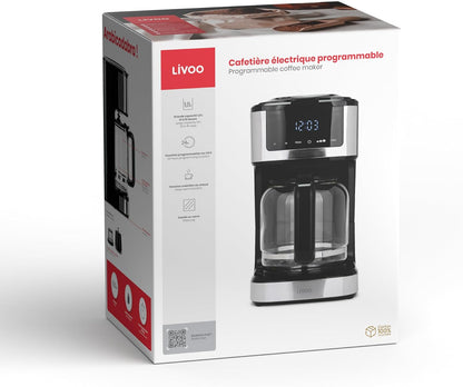 Livoo - Cafeteira elétrica programável DOD208-15 chávenas, 1,8 L, filtro reutilizável, função de programação, manutenção quente, vidro