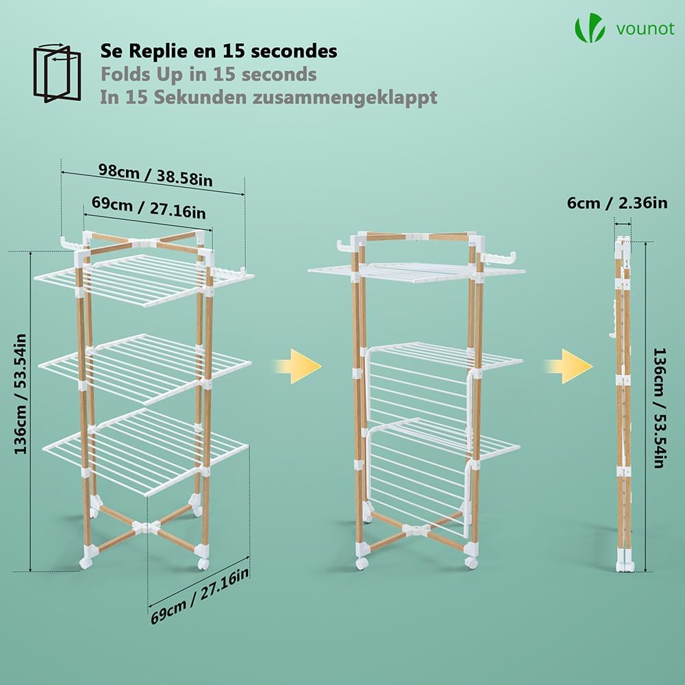 VOUNOT® Estendal de Pé de Torre de 3 Níveis, Estendal Vertical de 25m