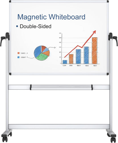 VIZ-PRO Quadro branco móvel magnético de dupla face, 120 x 90 cm, com rodas e moldura de alumínio, para escritório e sala de aula | Armação de alumínio, rotação de 360°, ideal para escritório, escola e casa