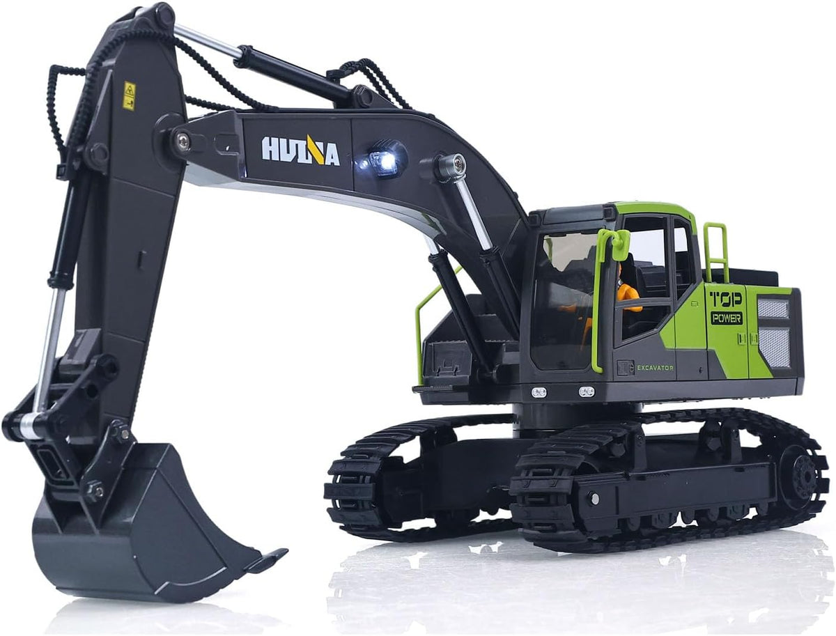 Retroescavadora de controlo remoto Huina 1661 Escavadeira RC Escala 1:18 2.4G 13CH com Caçamba de Liga Metálica, Luz LED, Spray, Rotação de 380° - Veículo de Controle Remoto Verde