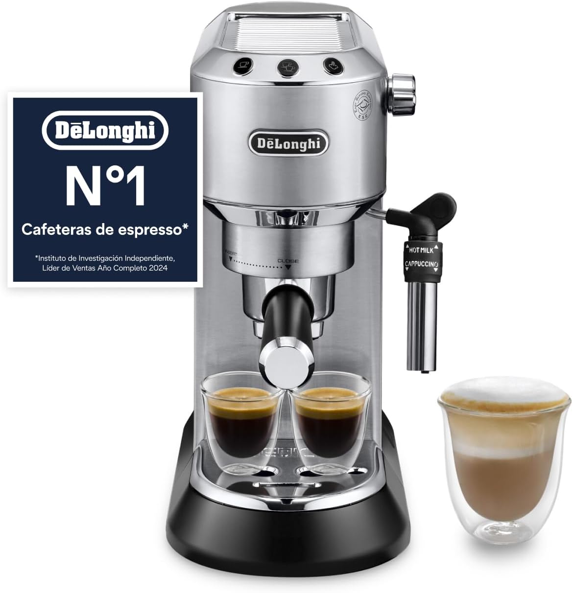 (recondicionado)De'Longhi Dedica - Cafeteira de Bomba de Aço Inoxidável para Café Moído ou Monodose, Cafeteira para Espresso e Cappuccino, Depósito de 1,3 Litros, Sistema Anti-gotejamento, EC685.M, Metal [Classe energética A]