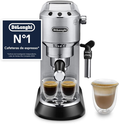(recondicionado)De'Longhi Dedica - Cafeteira de Bomba de Aço Inoxidável para Café Moído ou Monodose, Cafeteira para Espresso e Cappuccino, Depósito de 1,3 Litros, Sistema Anti-gotejamento, EC685.M, Metal [Classe energética A]