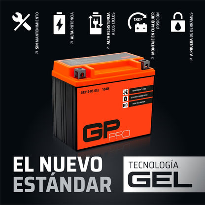 GP-PRO GTX12-BS Bateria de arranque para motas, 12 V, 10 Ah, semelhante a YTX12-BS / 51012, sem necessidade de manutenção, 15 x 13 x 8,7 cm