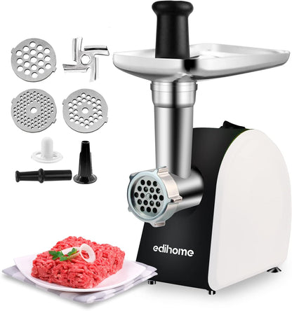 Edihome, Moedor de carne elétrico, marcha de avanço e retrocesso, máquina de picar carne profissional, 2200 W, multifuncional com 3 placas de corte e embutidor de salsichas (branco e preto)