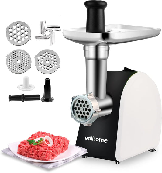 Edihome, Moedor de carne elétrico, marcha de avanço e retrocesso, máquina de picar carne profissional, 2200 W, multifuncional com 3 placas de corte e embutidor de salsichas (branco e preto)