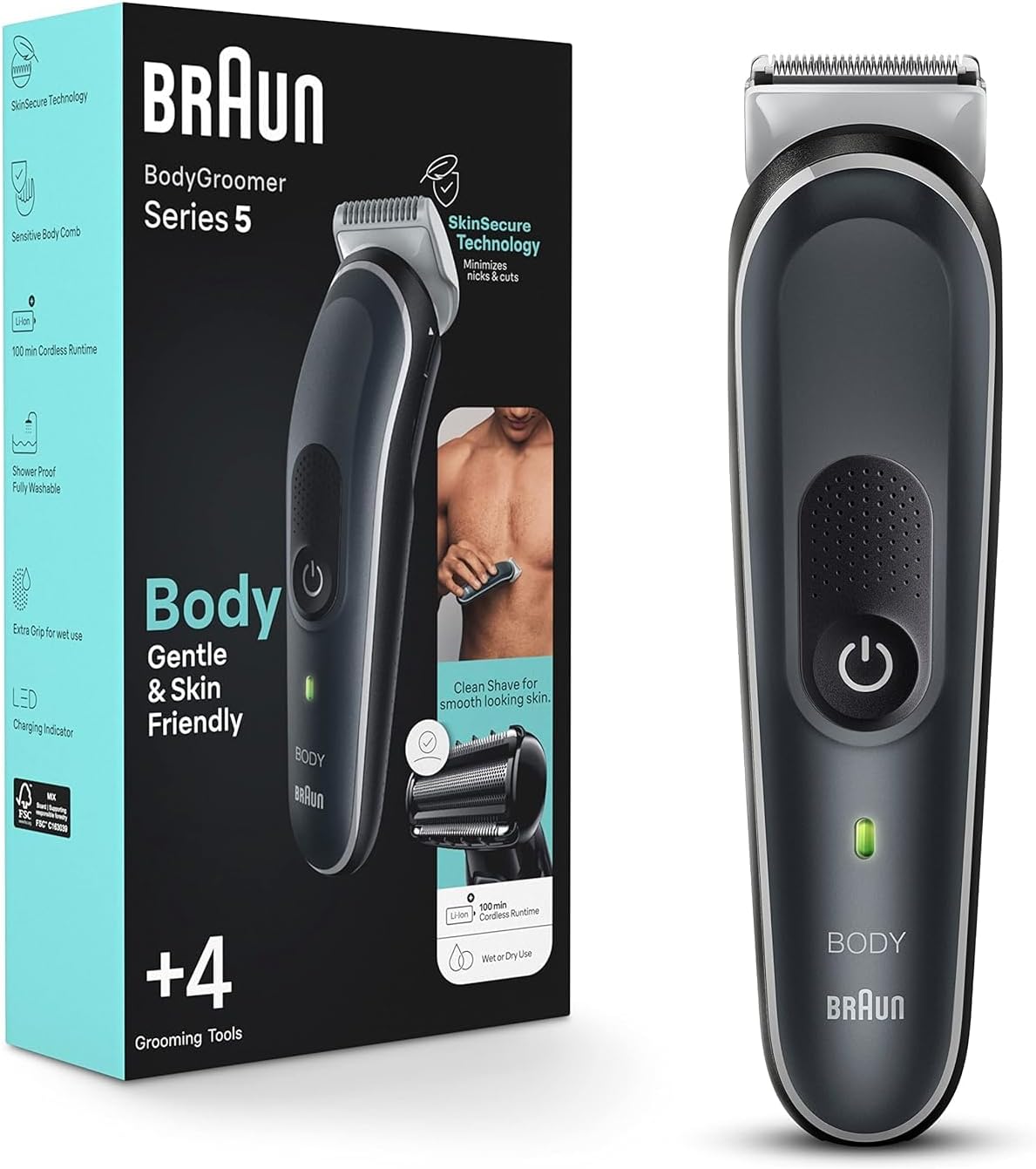 Braun Body Groomer Series 5 5360, aparador corporal para homens, para peito, axilas, virilha, tecnologia SkinSecure para uso suave e acessório de barbear limpo, impermeável, sem fio com tempo de