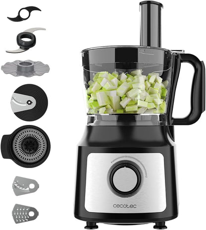 Cecotec Processador de Alimentos FoodProcessor Comino 1000 Max. 1000W, 2 Velocidades, Tigela 2L, Exprimidor de Sucos, 3 Discos de Corte: para Picar, Fatiar e Amassar, Disco para Cremes, Aço Inoxidável