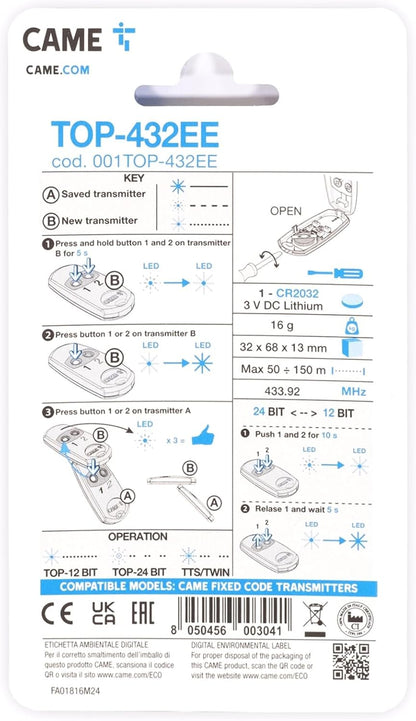 CAME TOP432EE - Controlo remoto multiusuário de 2 canais, compatibilidade exclusiva CAME, função de auto-aprendizagem, confortável e seguro para controlo de acessos