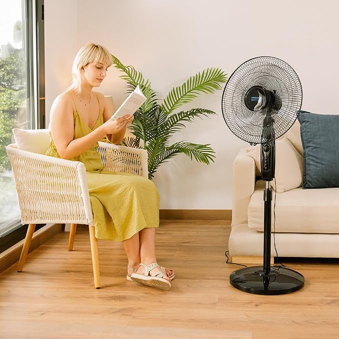 Cecotec Ventoinha de pé EnergySilence 515 MaxFlow Black. 45W, diâmetro de 16", 5 pás, temporizador 1h, 3 velocidades e oscilação automática, altura regulável até 135 cm