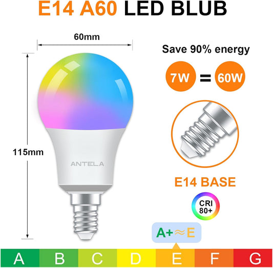 ANTELA Lâmpada LED inteligente WiFi E14 806lm, 16 milhões de cores, luz fria quente 2700 a 6500 K, compatível com Alexa e Google Home, vida útil 15000 horas, 2 unidades | Compatível com Alexa, Google Home e Smart Life, 2700-6500K