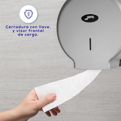 Jofel - Suporte de rolo de papel higiénico industrial grande, dispensador de papel em rolos 400 m, diâmetro 260 mm, mandril 45 - 55 mm, ideal casas de banho públicas, carcaça ABS valor AE77300 prata