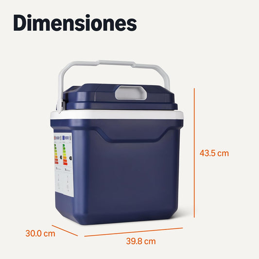 Amazon Basics Geladeira elétrica, frigorífico com função de refrigeração e aquecimento, 12 V CC/230 V CA para uso doméstico ou em veículos, 24 litros, azul
