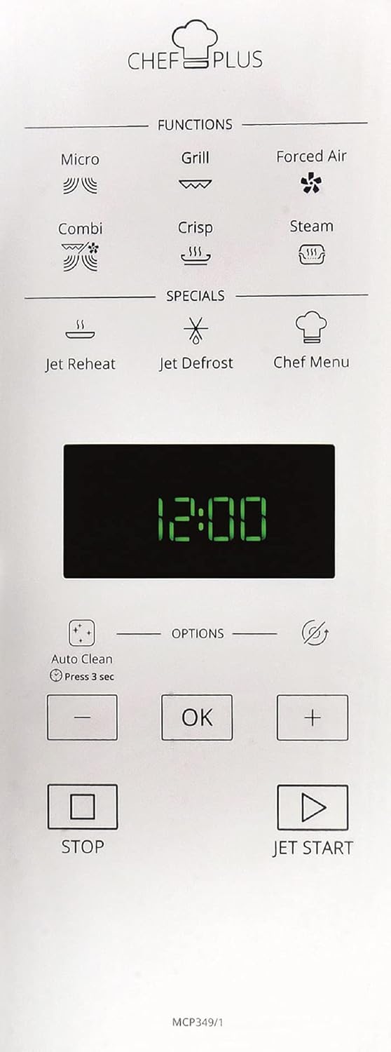 Whirlpool MCP 349/1, WH Forno microondas, instalação gratuita, CHEF PLUS, 25 L de cave, MW-Combi, Touch Control Sensor, potência MWO 800 W, potência de brilho 900 W, cor branca