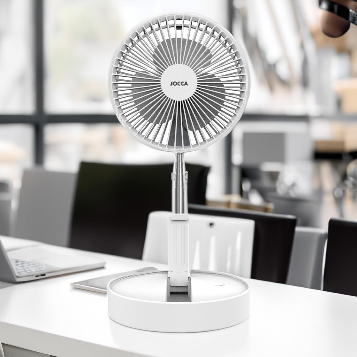 Jocca - Ventoinha portátil de pé dobrável | altura ajustável 36-97,5 cm | bateria recarregável 7200 mAh até 24 h | 3 velocidades |  USB | silencioso