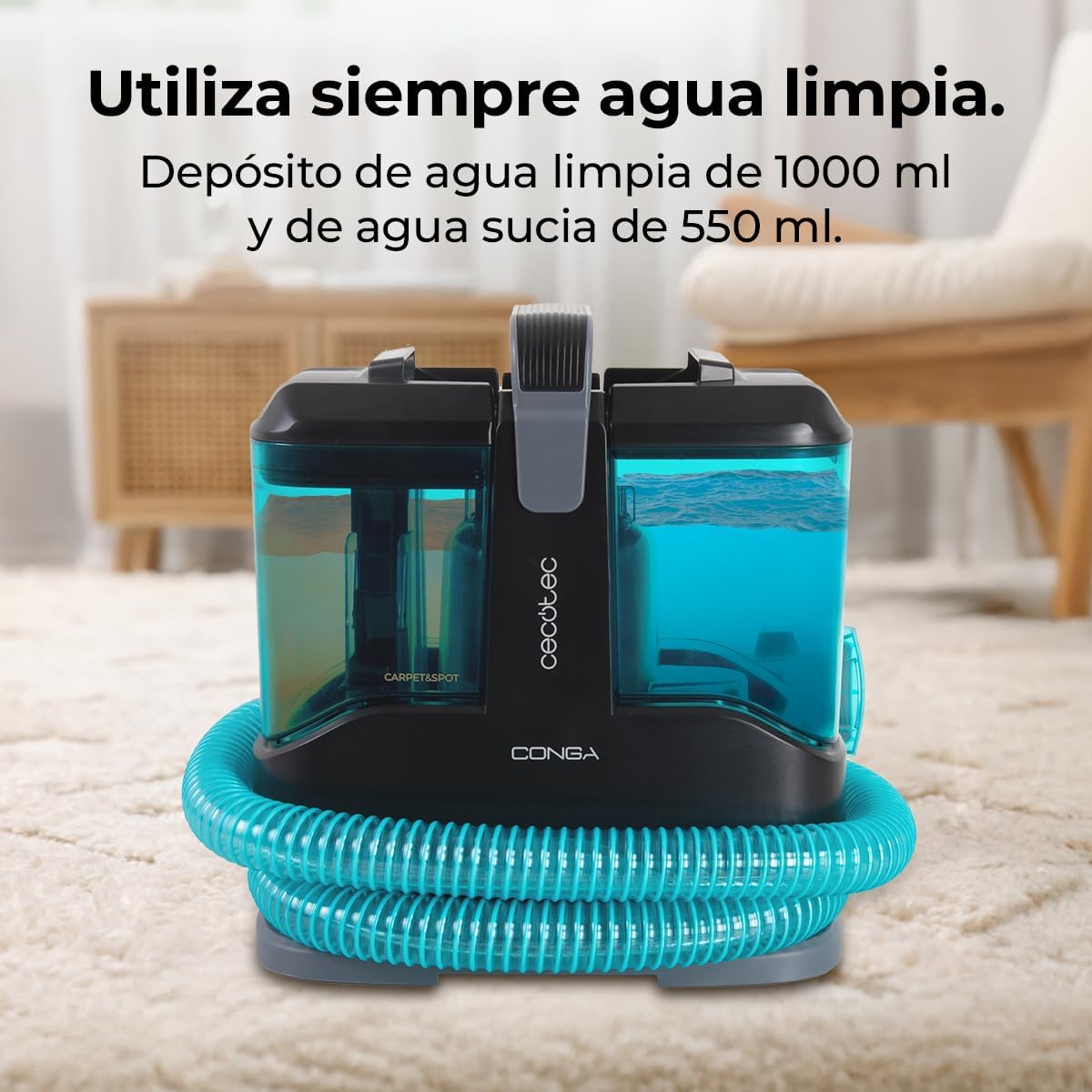 Cecotec Aspirador Limpador de Estofos e Tapetes com Cabo Compacto Conga 3000 Carpet&Spot Clean X-Treme. 450W, 13kPa, Depósito de Água Limpa 1000ml e Água Suja 550ml, Spray Pulverizador