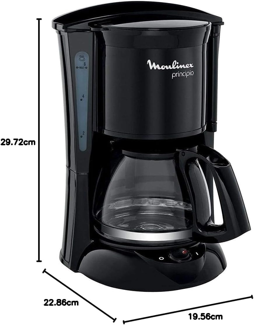 Moulinex Principio FG1528 - Cafeteira de filtro 600 W de 0,6 L com função Auto-off e sistema antigotejamento, plástico, cor preto | Capacidade de 6 chávenas, luz indicadora, função Auto Off, anti-gotejamento, peças aptas máquina de lavar louça, FG1528