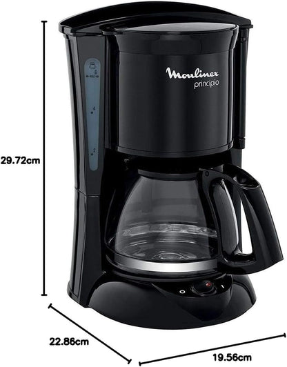 Moulinex Principio FG1528 - Cafeteira de filtro 600 W de 0,6 L com função Auto-off e sistema antigotejamento, plástico, cor preto | Capacidade de 6 chávenas, luz indicadora, função Auto Off, anti-gotejamento, peças aptas máquina de lavar louça, FG1528