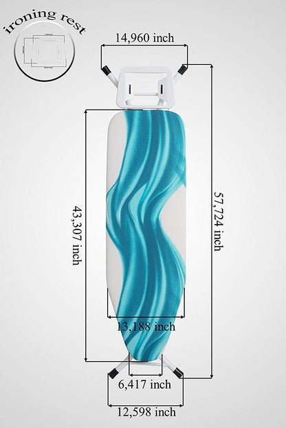 Mabel Home Altura ajustável, luxo, 4 pernas, tábua de passar, cobertura extra, estampado azul/branco