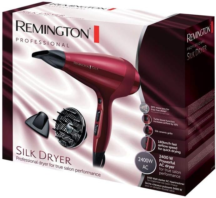 Remington Secador de Cabelo Profissional Silk, Grelha de Cerâmica Sedosa, Iónico, Cabelo Sem Frizz, 2400 W, Motor AC, Difusor e Concentrador, 6 Temperaturas, 2 Velocidades, AC9096 |