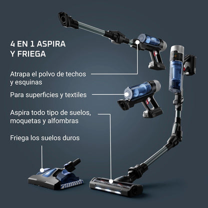 Rowenta Xforce Flex 9.60 Aqua RH20C2 – Aspiradora escoba sem fio de 250 W de potência, aspira e lava, função 4 em 1, chão, sofá, parede, tecnologia Flex, inclui acessórios