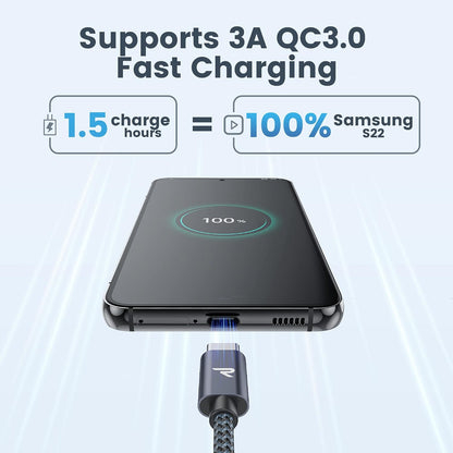 RAMPOW Cabo USB C [1Pack, 2M] Cabo USB Tipo C 3A, Cabo de Carregamento Rápido QC3.0 Tipo C em Nylon Durável com iPhone 15/15 Pro iPad Pro/Air, Samsung Galaxy S22/S21/S20, Huawei, Xiaomi - Cinza