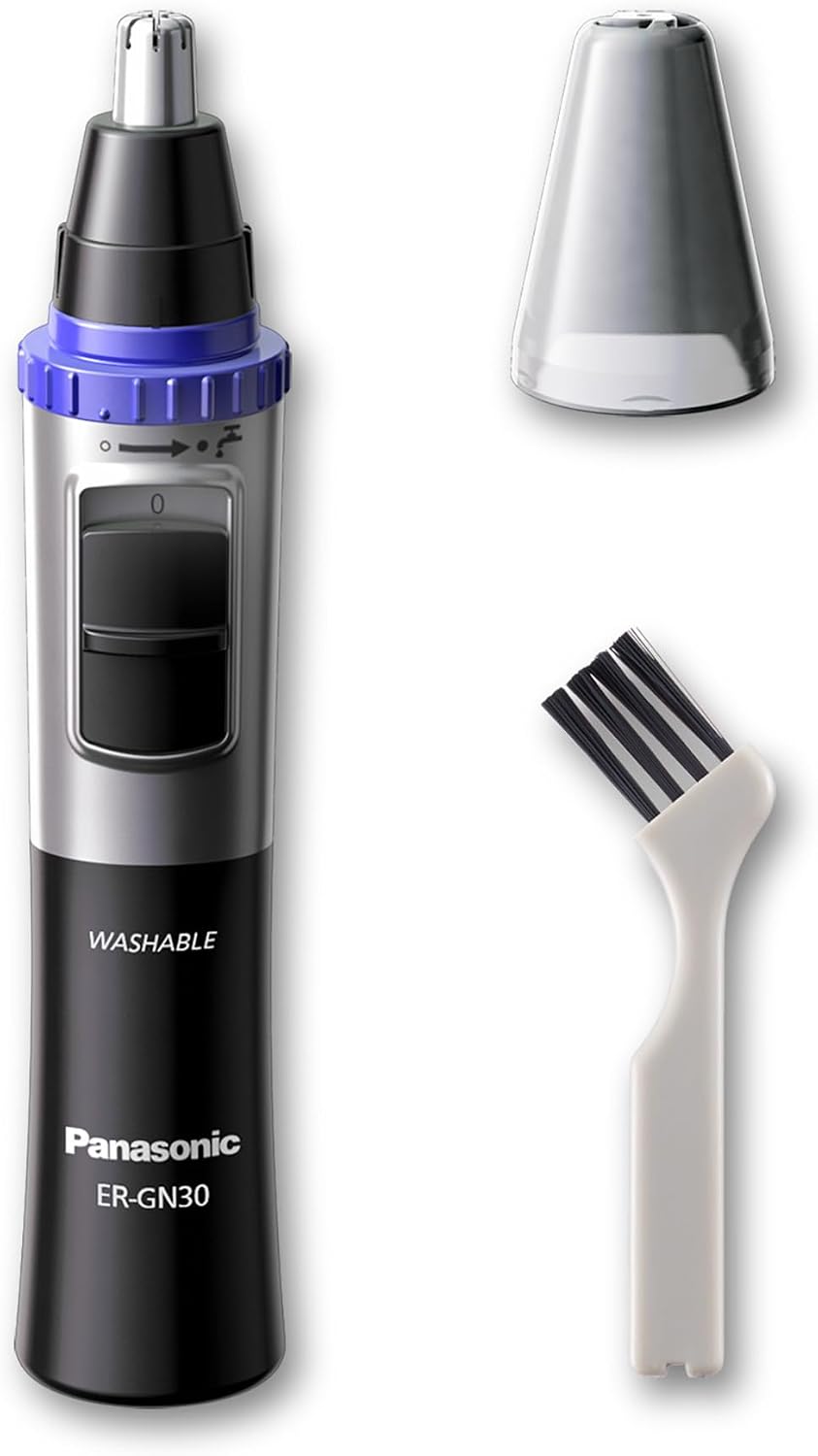 Panasonic ER-GN30-K503 Aparador de cabelo facial para nariz e orelhas, húmido/seco, lâmina hipoalergénica de fio duplo, sistema de limpeza Vortex, sem fios, preto